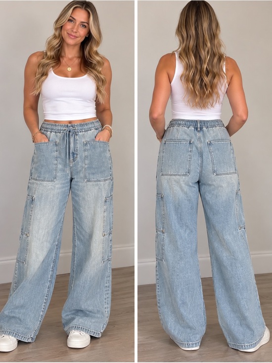 Denim - ee:some Wide Leg Denim Cargo Pants Light Blue Snow Wash Utility